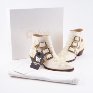CHLOÉ Susan Stiefelette Boots White / Gold Luxus Designer Gr.36,5 NP: 1090 €